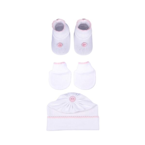 KIT 3 PEÇAS DE BEBÊ BOTÃO - SAPATINHO,LUVA E TOUCA - Image 4