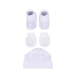 KIT 3 PEÇAS DE BEBÊ BOTÃO - SAPATINHO,LUVA E TOUCA