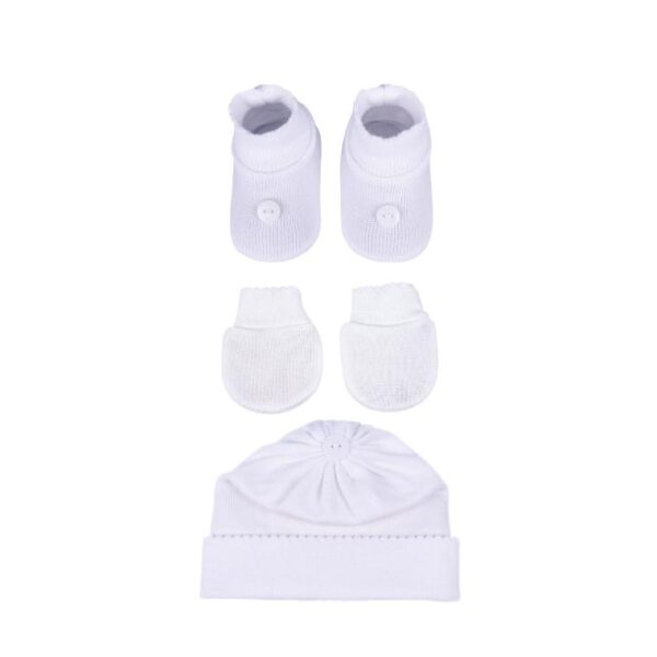 KIT 3 PEÇAS DE BEBÊ BOTÃO - SAPATINHO,LUVA E TOUCA